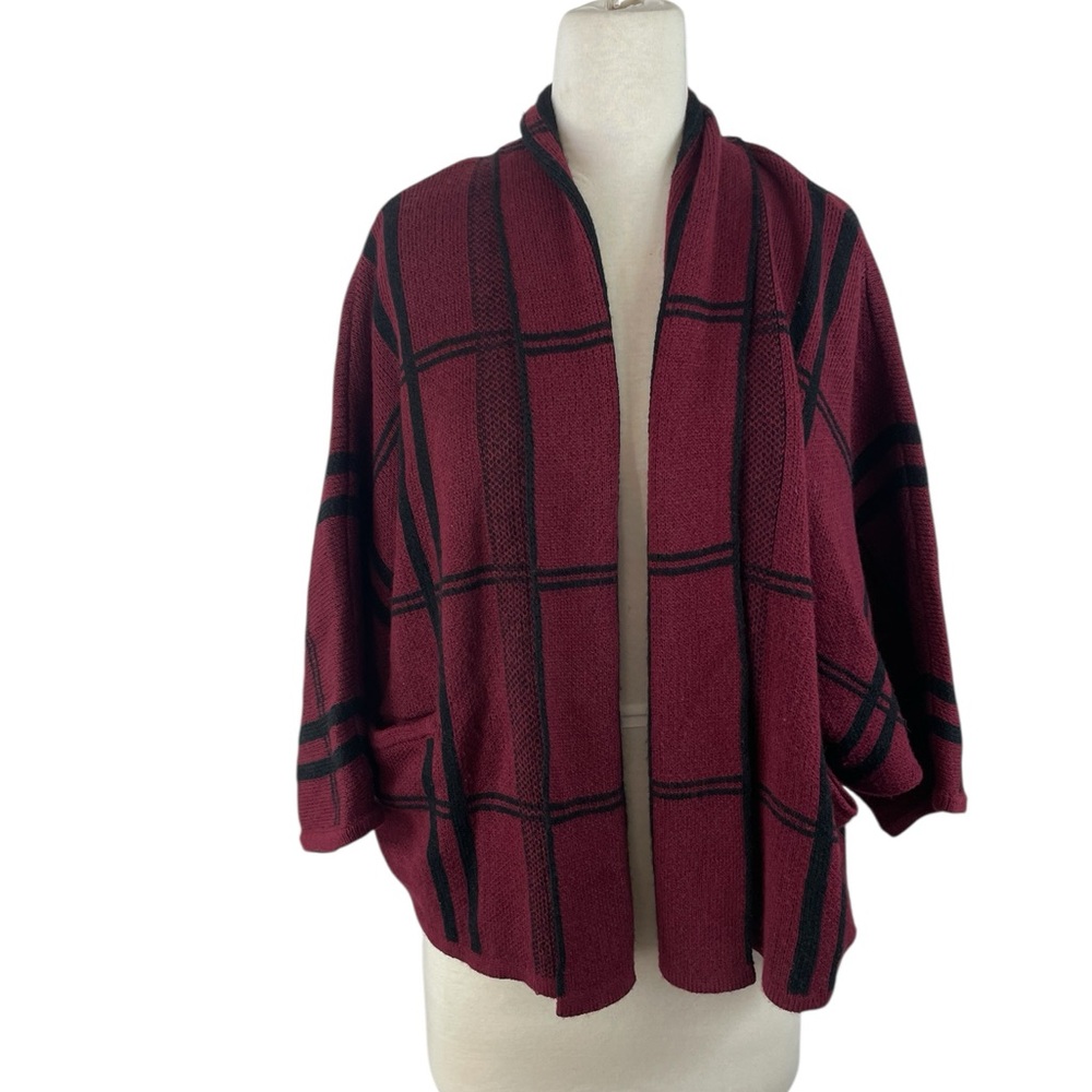 Retrology Plaid Open Front Poncho - Burgundy and Black - Size PXL